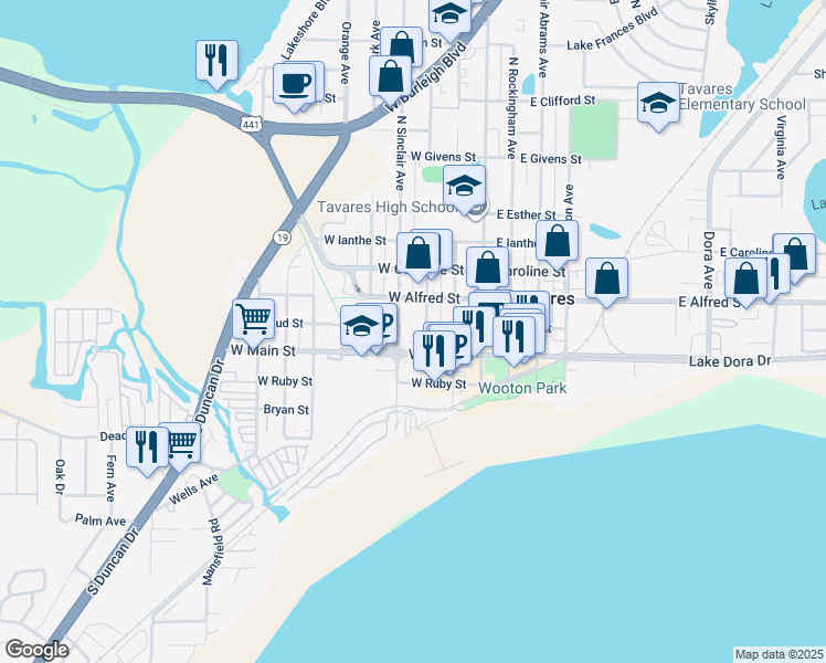 map of restaurants, bars, coffee shops, grocery stores, and more near 124 North Sinclair Avenue in Tavares