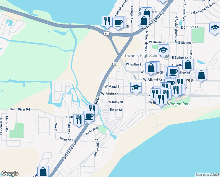 map of restaurants, bars, coffee shops, grocery stores, and more near 827 West Maud Street in Tavares
