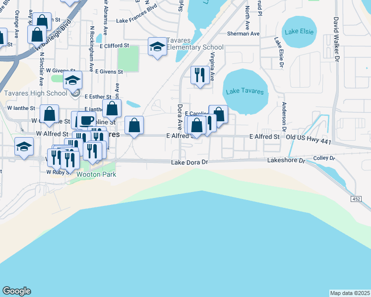 map of restaurants, bars, coffee shops, grocery stores, and more near 21 Lake Dora Trailer Park in Tavares
