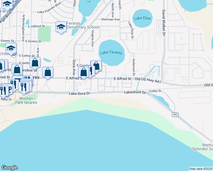 map of restaurants, bars, coffee shops, grocery stores, and more near 1307 Nichols Drive in Tavares