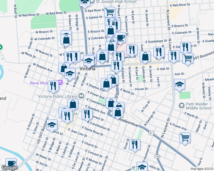 map of restaurants, bars, coffee shops, grocery stores, and more near 609 North Wheeler Street in Victoria