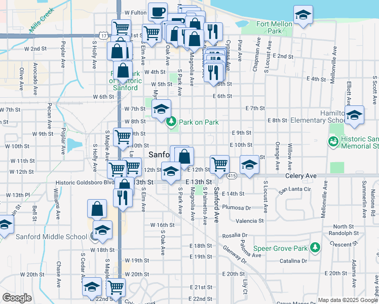 map of restaurants, bars, coffee shops, grocery stores, and more near 1012 Magnolia Avenue in Sanford
