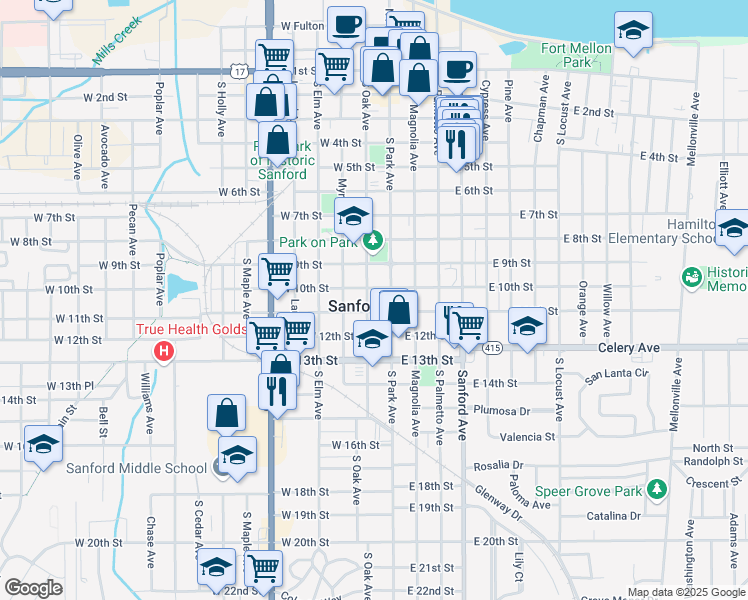 map of restaurants, bars, coffee shops, grocery stores, and more near 1011 South Oak Avenue in Sanford