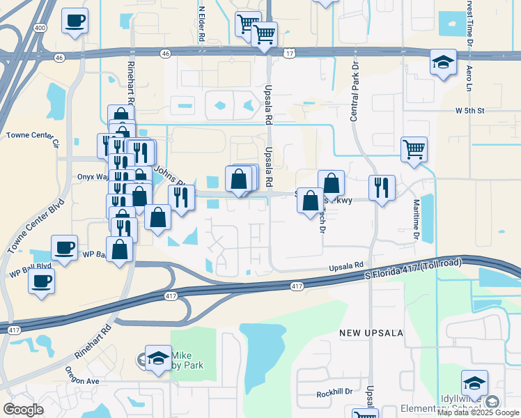 map of restaurants, bars, coffee shops, grocery stores, and more near 101 Bellagio Circle in Sanford