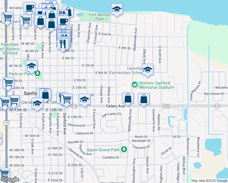 map of restaurants, bars, coffee shops, grocery stores, and more near 1014 South Bay Avenue in Sanford