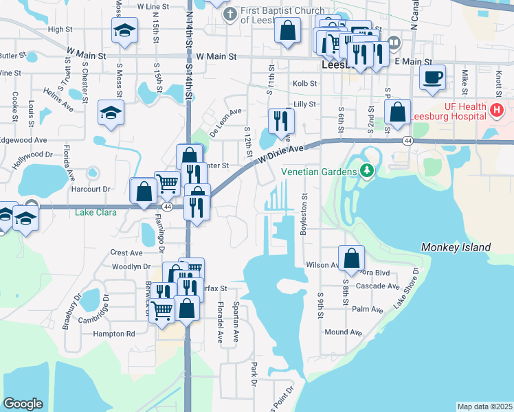 map of restaurants, bars, coffee shops, grocery stores, and more near 802 Park Drive in Leesburg