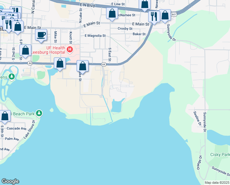 map of restaurants, bars, coffee shops, grocery stores, and more near 624 Lake Port Boulevard in Leesburg