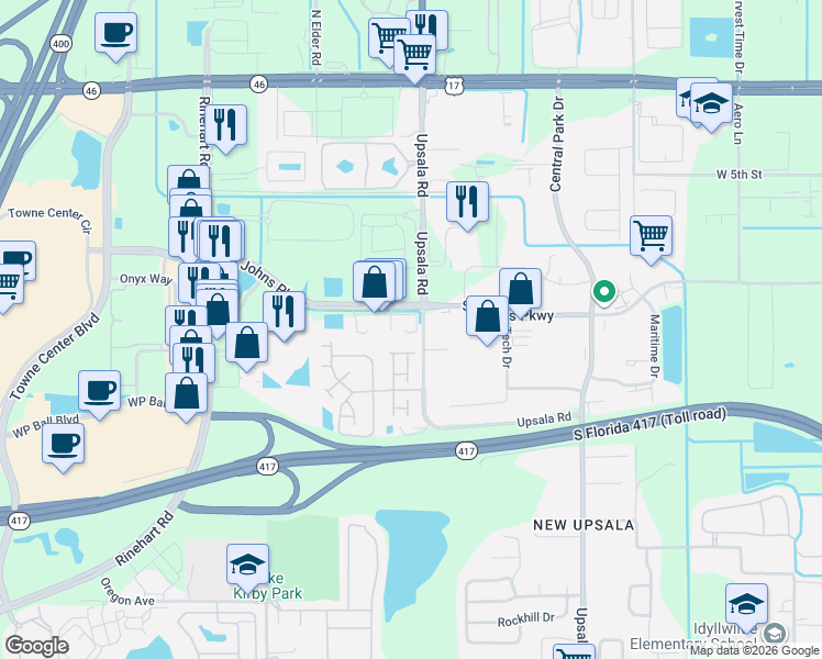 map of restaurants, bars, coffee shops, grocery stores, and more near 4395 Saint Johns Parkway in Sanford