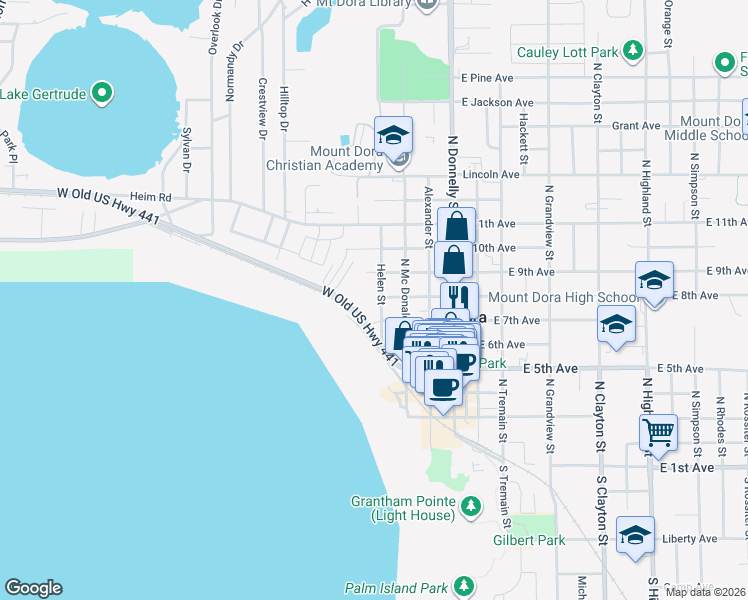map of restaurants, bars, coffee shops, grocery stores, and more near 733 Helen Street in Mount Dora