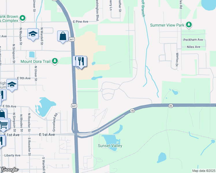 map of restaurants, bars, coffee shops, grocery stores, and more near 2223 Natoma Blvd in Mt Dora