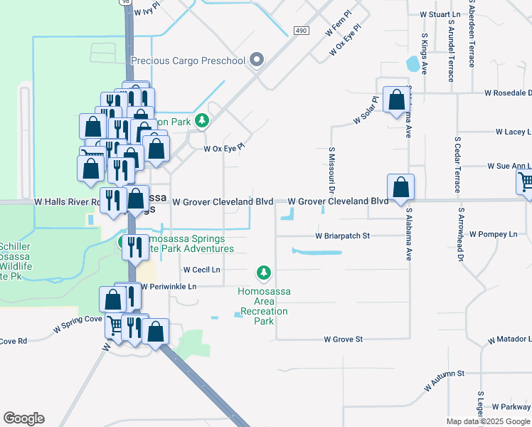 map of restaurants, bars, coffee shops, grocery stores, and more near 4100 South Grandmarch Avenue in Homosassa