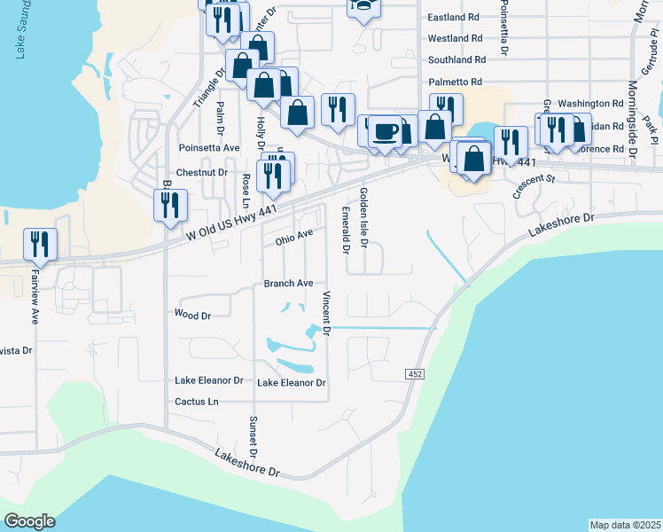 map of restaurants, bars, coffee shops, grocery stores, and more near 820 Vincent Drive in Mount Dora