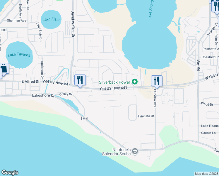 map of restaurants, bars, coffee shops, grocery stores, and more near 15425 Old US Highway 441 in Tavares