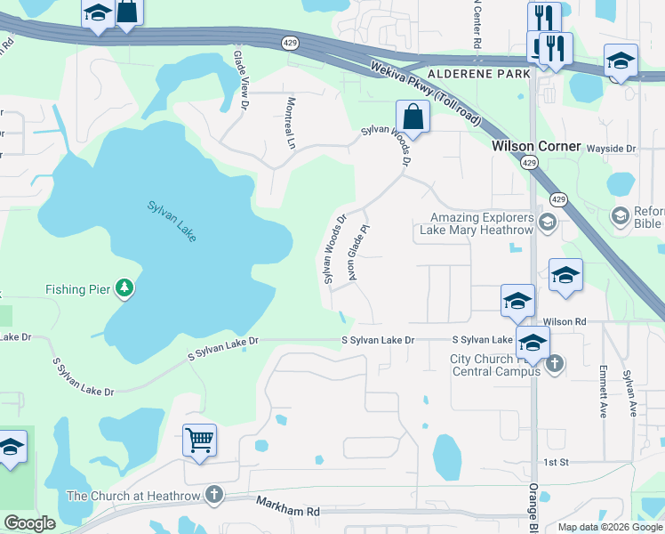 map of restaurants, bars, coffee shops, grocery stores, and more near 6668 Sylvan Woods Drive in Sanford