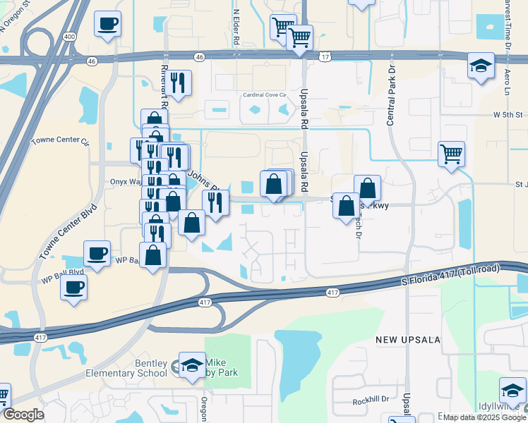 map of restaurants, bars, coffee shops, grocery stores, and more near 267 Bellagio Circle in Sanford