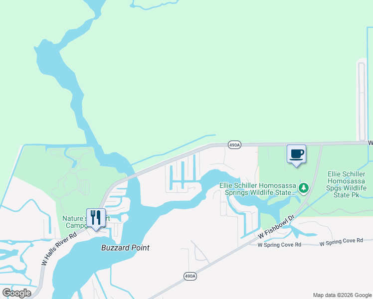 map of restaurants, bars, coffee shops, grocery stores, and more near 9889 West Halls River Road in Homosassa