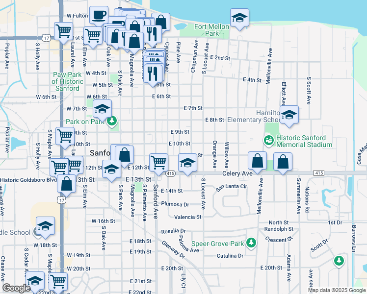 map of restaurants, bars, coffee shops, grocery stores, and more near 1015 Pine Avenue in Sanford