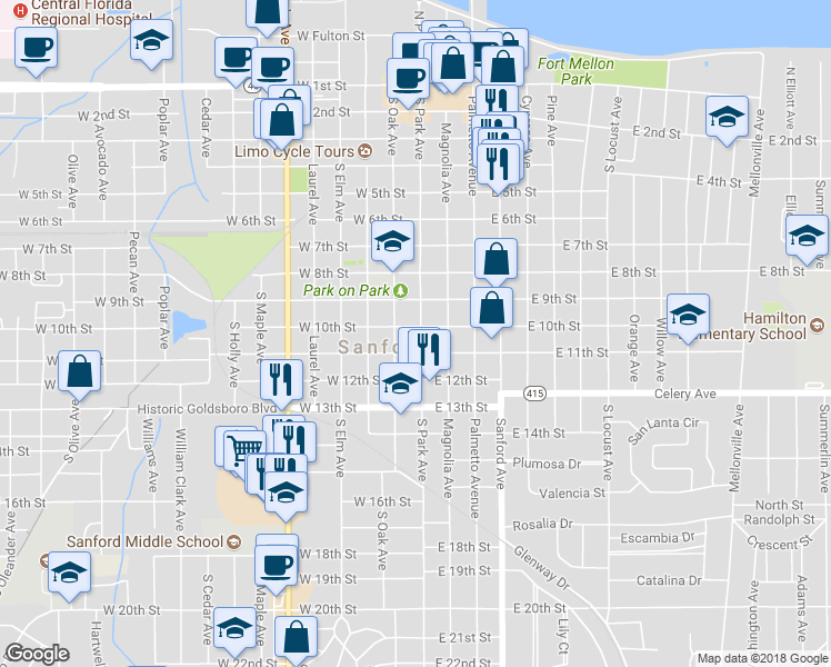 map of restaurants, bars, coffee shops, grocery stores, and more near 1011 South Oak Avenue in Sanford