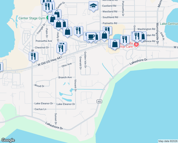 map of restaurants, bars, coffee shops, grocery stores, and more near 800 Pearl Drive in Mount Dora