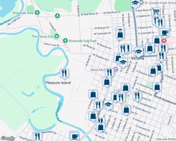 map of restaurants, bars, coffee shops, grocery stores, and more near 806A West Goodwin Avenue in Victoria
