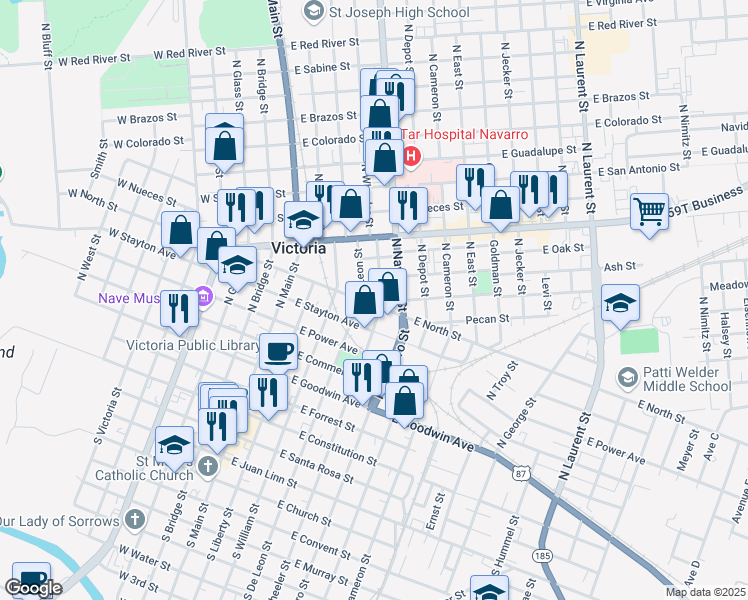 map of restaurants, bars, coffee shops, grocery stores, and more near 408 East North Street in Victoria