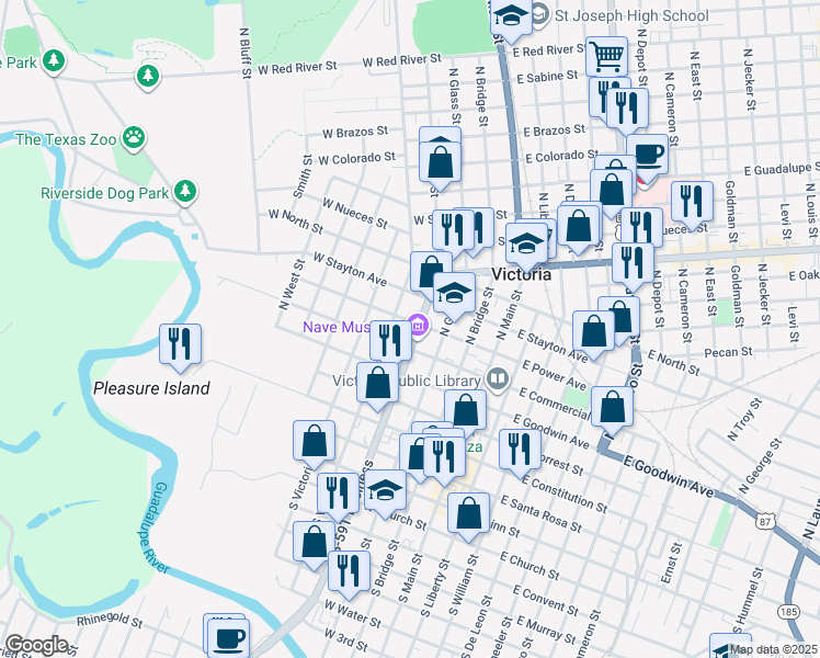 map of restaurants, bars, coffee shops, grocery stores, and more near 402 West Commercial Street in Victoria