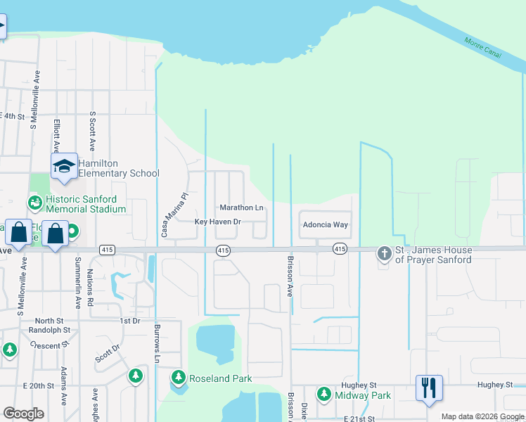map of restaurants, bars, coffee shops, grocery stores, and more near 504 Key Haven Drive in Sanford