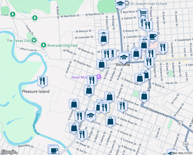 map of restaurants, bars, coffee shops, grocery stores, and more near 402 West Commercial Street in Victoria