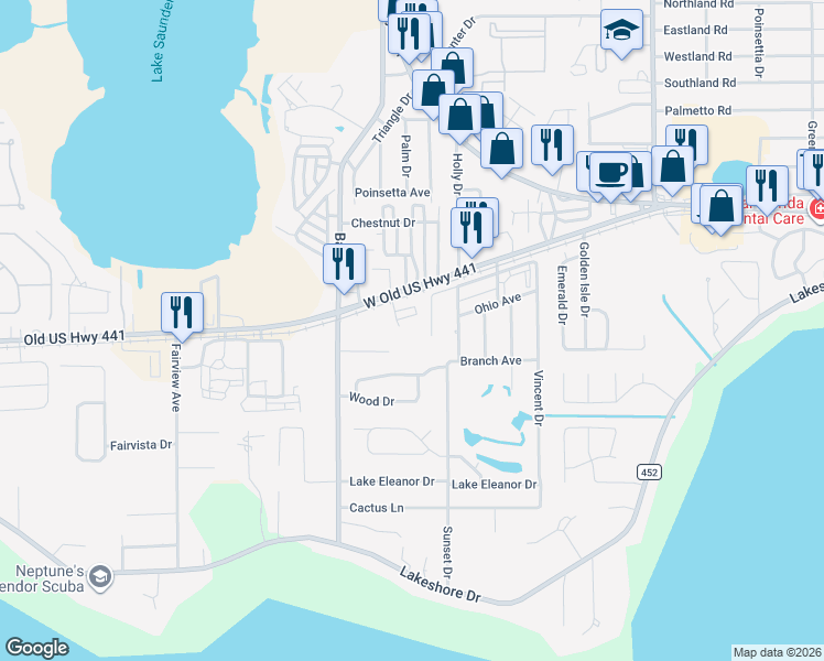 map of restaurants, bars, coffee shops, grocery stores, and more near 4200 West Old US Highway 441 in Mount Dora