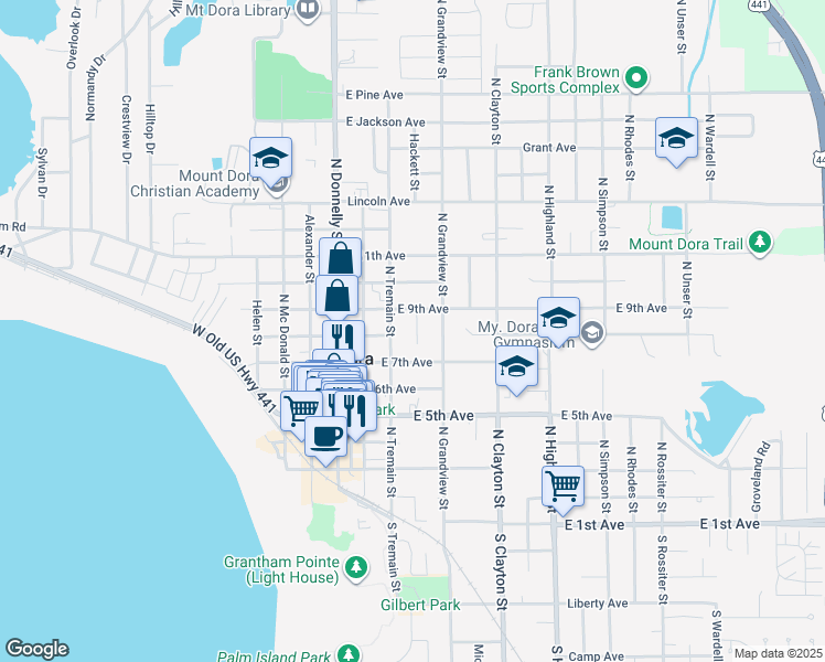 map of restaurants, bars, coffee shops, grocery stores, and more near 805 Hackett Court in Mount Dora