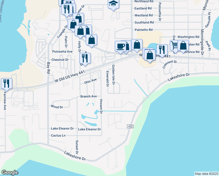 map of restaurants, bars, coffee shops, grocery stores, and more near 880 Emerald Drive in Mount Dora