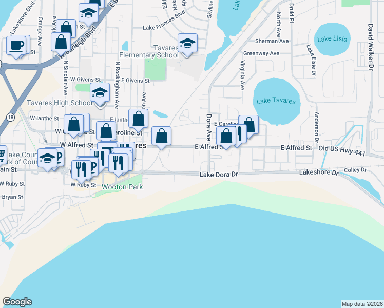 map of restaurants, bars, coffee shops, grocery stores, and more near 837 Lake Dora Drive in Tavares