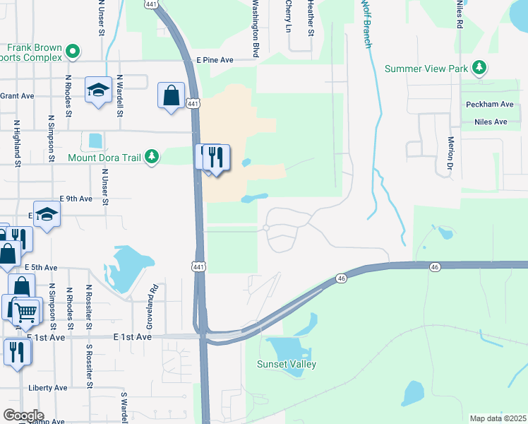 map of restaurants, bars, coffee shops, grocery stores, and more near 813 Haring Lane in Mount Dora