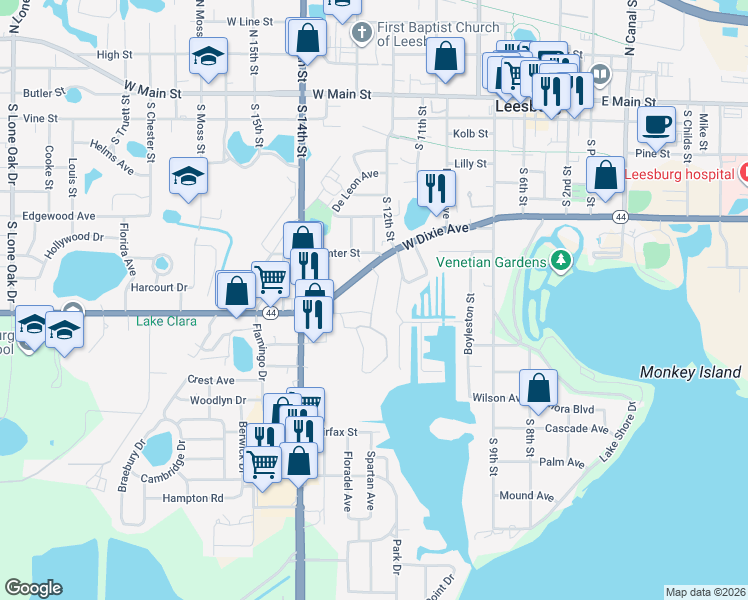 map of restaurants, bars, coffee shops, grocery stores, and more near 727 McKenzie Street in Leesburg