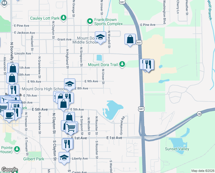 map of restaurants, bars, coffee shops, grocery stores, and more near 1419 East 8th Avenue in Mount Dora