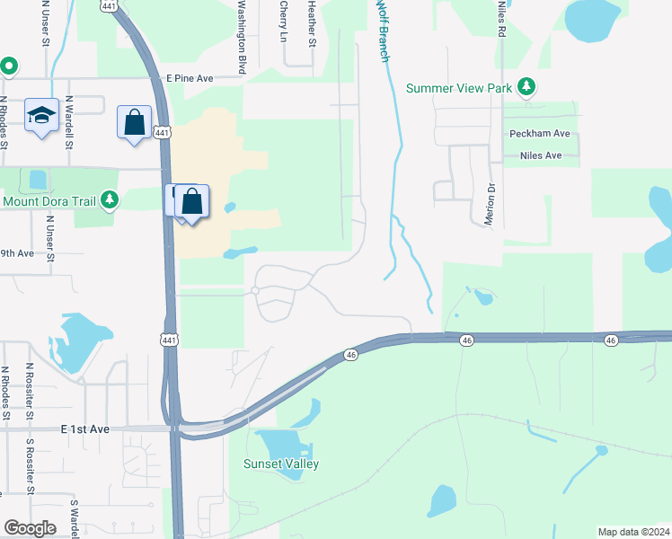 map of restaurants, bars, coffee shops, grocery stores, and more near 2296 Natoma Boulevard in Mount Dora