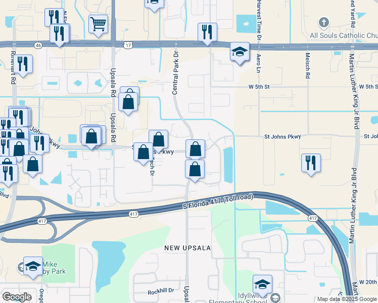 map of restaurants, bars, coffee shops, grocery stores, and more near 4060 Saint Johns Parkway in Sanford