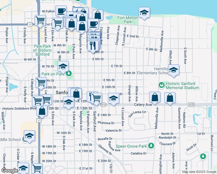map of restaurants, bars, coffee shops, grocery stores, and more near 999 Pine Avenue in Sanford