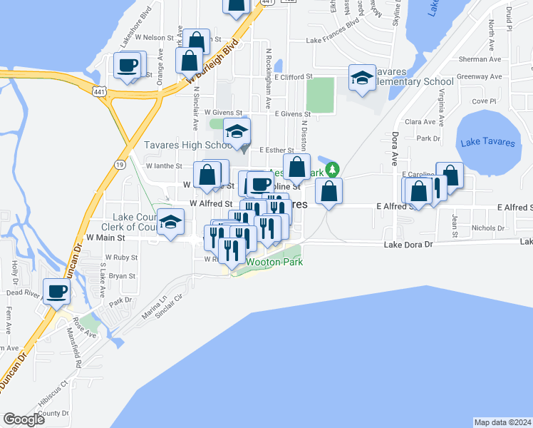 map of restaurants, bars, coffee shops, grocery stores, and more near 107 East Maud Street in Tavares