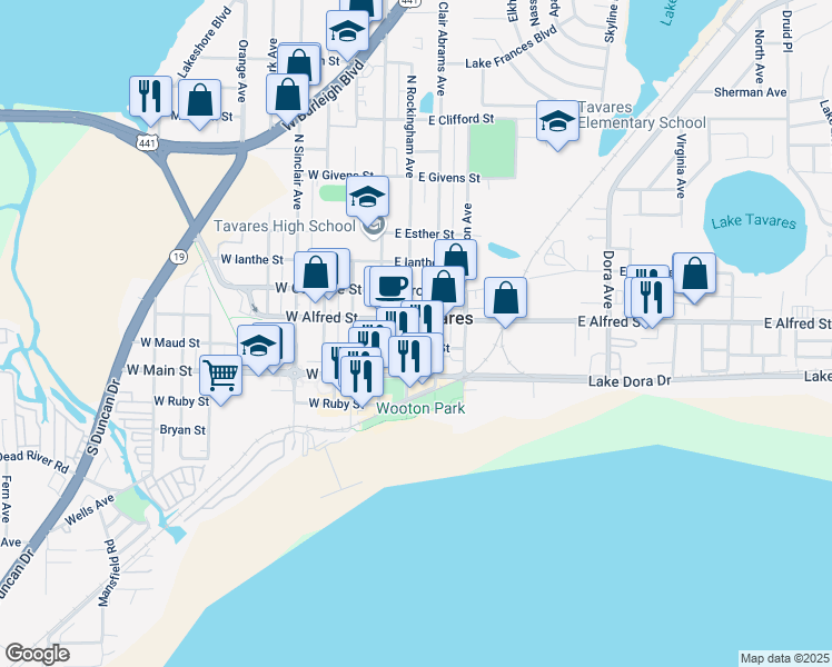 map of restaurants, bars, coffee shops, grocery stores, and more near 220 North Rockingham Avenue in Tavares