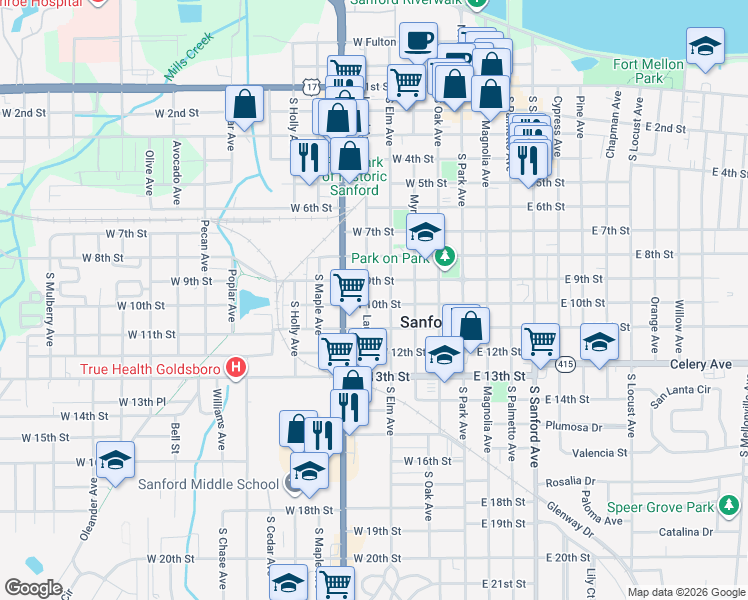 map of restaurants, bars, coffee shops, grocery stores, and more near 919 South Laurel Avenue in Sanford