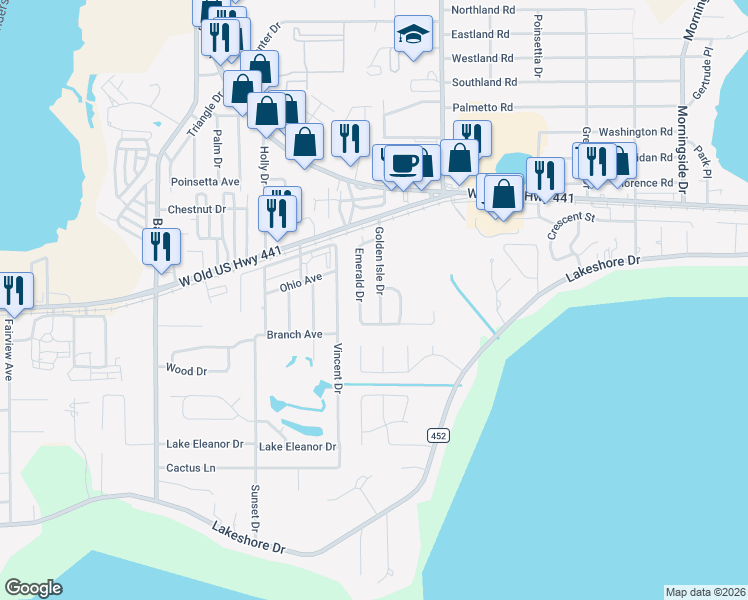 map of restaurants, bars, coffee shops, grocery stores, and more near 815 Golden Isle Drive in Mount Dora
