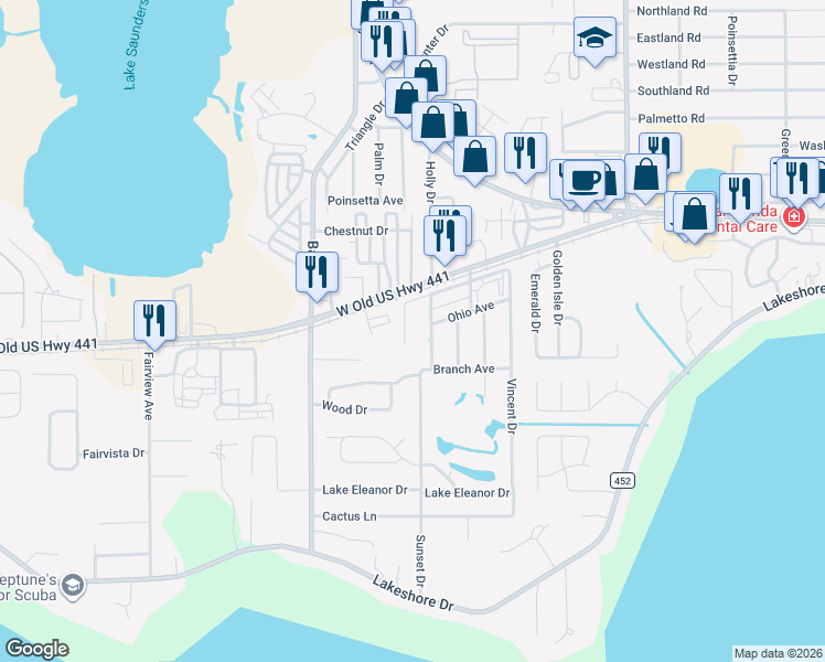 map of restaurants, bars, coffee shops, grocery stores, and more near 4200 West Old US Highway 441 in Mount Dora