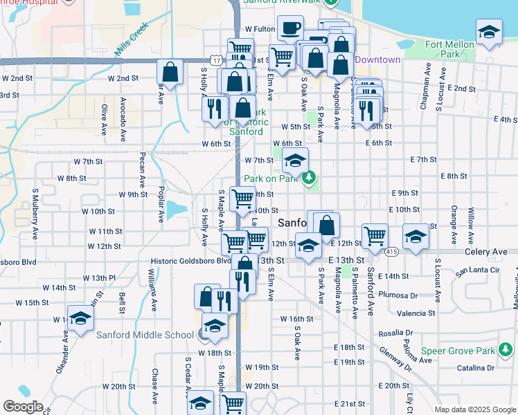 map of restaurants, bars, coffee shops, grocery stores, and more near 919 Laurel Avenue in Sanford