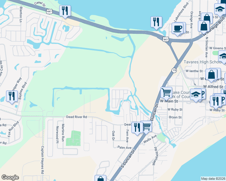 map of restaurants, bars, coffee shops, grocery stores, and more near 153 Tara Drive in Tavares