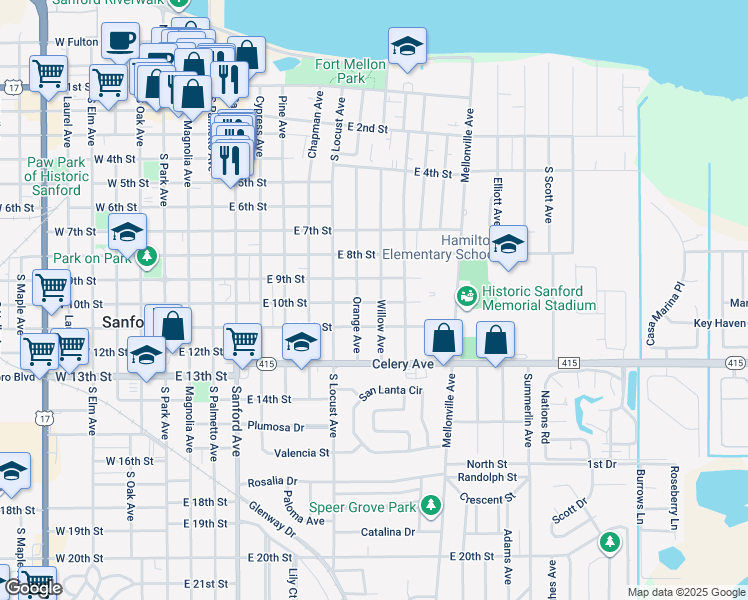 map of restaurants, bars, coffee shops, grocery stores, and more near 1013 Orange Avenue in Sanford