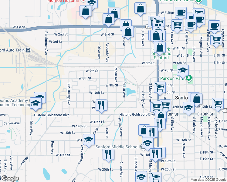 map of restaurants, bars, coffee shops, grocery stores, and more near 1011 Pecan Avenue in Sanford