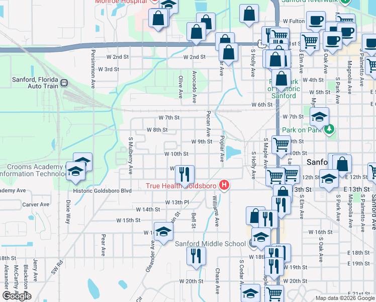 map of restaurants, bars, coffee shops, grocery stores, and more near 1014 Avocado Avenue in Sanford