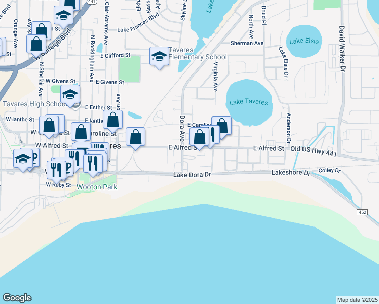 map of restaurants, bars, coffee shops, grocery stores, and more near 21 Lake Dora Trailer Park in Tavares
