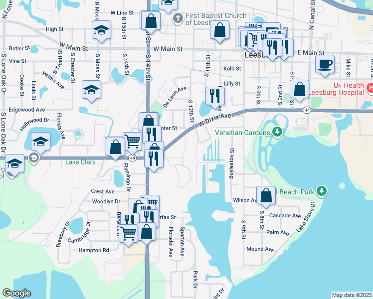map of restaurants, bars, coffee shops, grocery stores, and more near 722 McKenzie Street in Leesburg